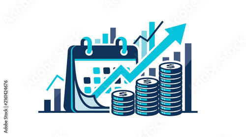 Calendar with rising profit graph and stack of coins representing business financial growth and investment success