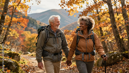Mature Couple Hiking in Beautiful Autumn Mountain Forest