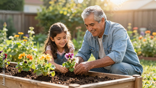 Loving Senior Grandfather Teaching Granddaughter Gardening in Backyard