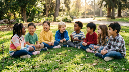 A group of seven ethnically diverse children sitting in a circle on a lush green lawn in a park, laughing and interacting joyfully during an outdoor playtime session.