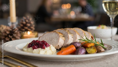 Roasted turkey slices served with mashed potatoes, cranberry sauce, and roasted vegetables on a white plate for a festive holiday dinner