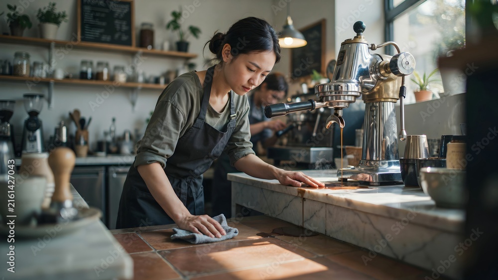 Fototapeta premium Focused barista cleaning countertops in a cozy coffee shop