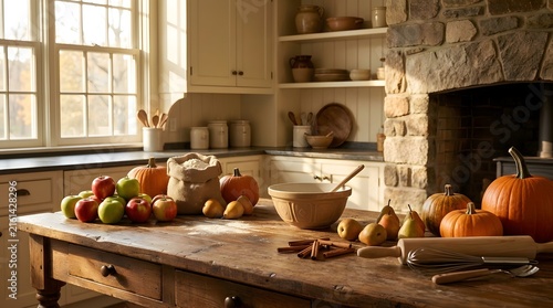 Cozy rustic kitchen interior showcasing autumn harvest on wooden table
