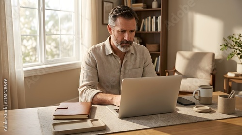 Focused middle-aged bearded man working on laptop in home office
