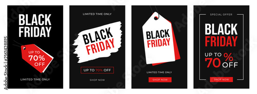 Set of four modern Black Friday vertical social media banners with bold typography, red sale tags and up to 70% off discount offers on black backgrounds.
