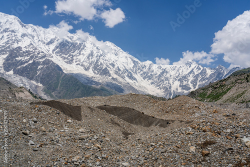 Scenic landscape view of Chongra glacier and snowcapped mountains near Tarishing village, Nanga Parbat massif, Astore, Gilgit-Baltistan, Pakistan