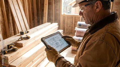 Focused adult male contractor using digital tablet inside wooden construction site