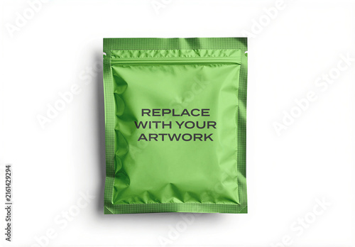 Foil pouch mockup with placeholder text for branding presentation on a white background, packaging template product display and graphic design, closed zipper seal, small package