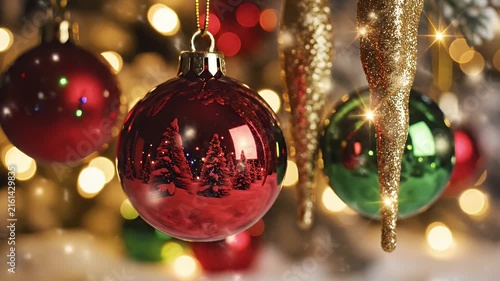 Close-Up of Glossy Red and Green Christmas Ornaments with Golden Icicle Decorations and Warm Bokeh Lights