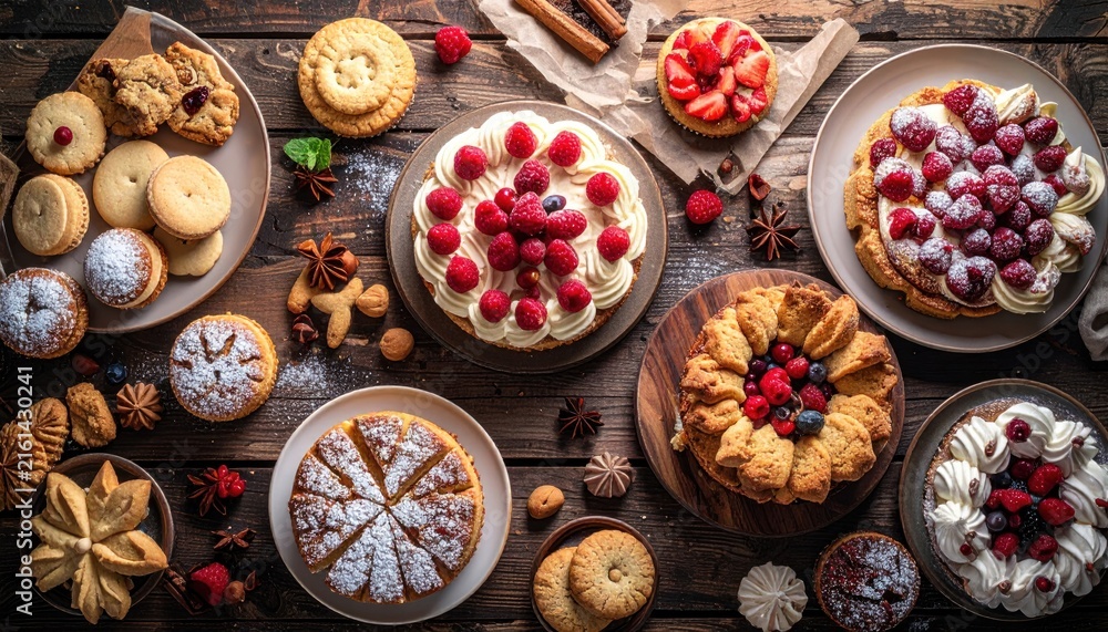 Fototapeta premium Assorted pastries and cakes with berries on wooden table, decorated with spices and powdered sugar
