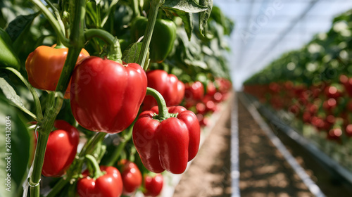 Ripe red bell peppers growing on green plants in rows inside a modern commercial greenhouse