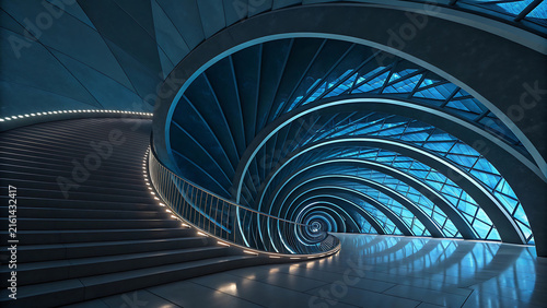 Futuristic spiral staircase inside a modern architectural