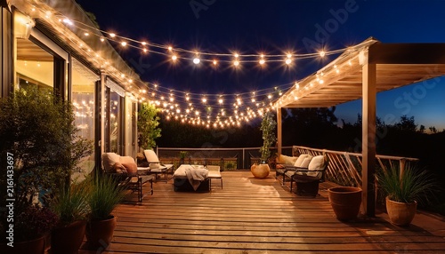 warm toned string lights on patio at night
