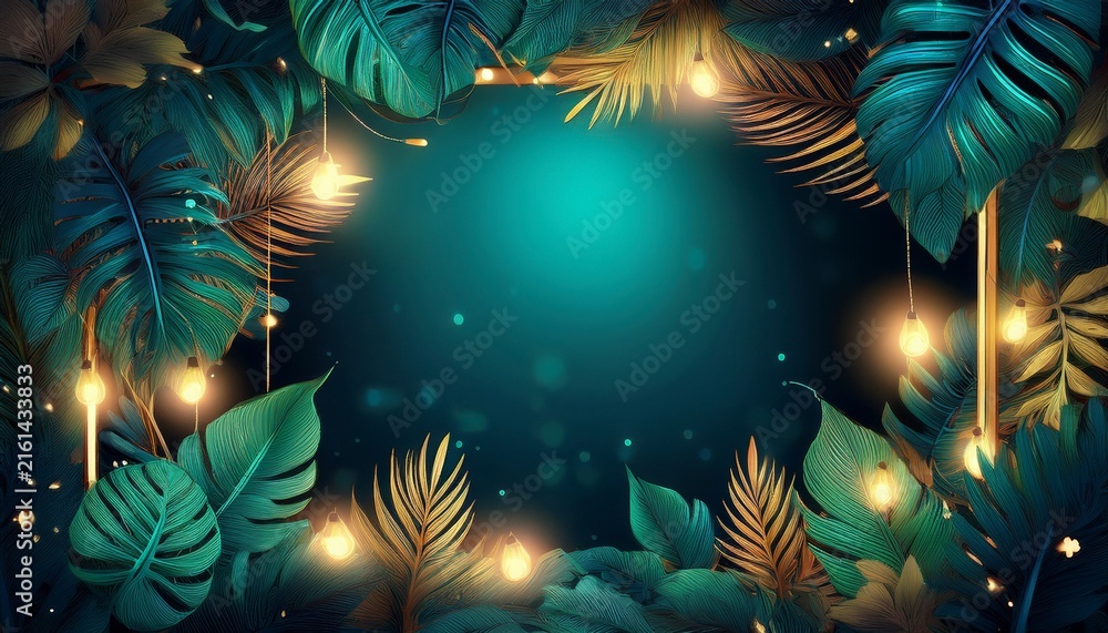 Fototapeta premium tropical floral frame with lush leaves and fairy lights