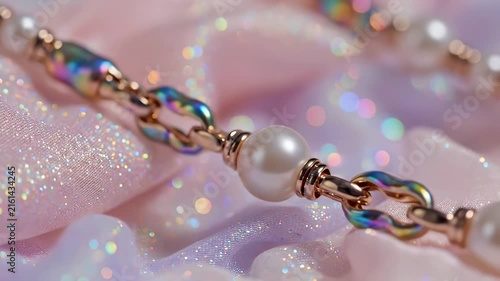 Close-Up View of Iridescent Beaded Chain Jewelry Resting on Sparkling Pink Fabric