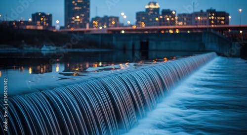 Cityscape at Dusk with Waterfall and Bridge.