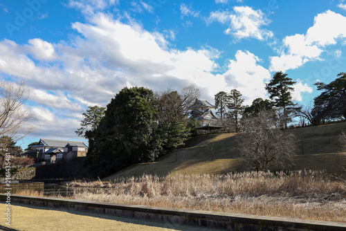 Kanazawa Castle Turret Viewed from Moat with Dry Reeds and Blue Sky