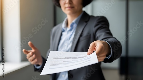 Businesswoman hands a paper contract document forward while standing in a modern office space.