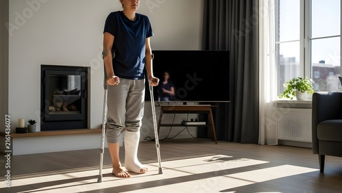 Person with a leg cast stands on crutches in a modern living room while recovering from an injury.