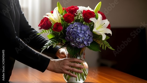 Woman arranges a colorful floral bouquet with roses and lilies in a glass vase on a wooden table.