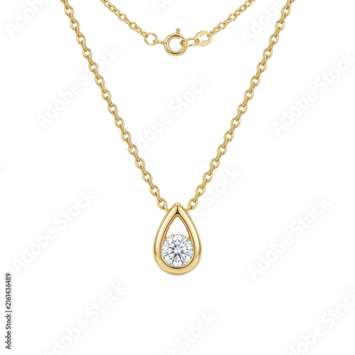 Elegant gold necklace with diamond teardrop pendant, luxury yellow gold jewelry, sophisticated bridal gemstone charm isolated PNG with Transparent Background