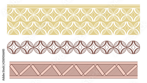 A set of three decorative seamless border patterns in asian style. The elegant geometric ornaments feature repeating lines, circles, and diamond shapes for ethnic framework decoration.