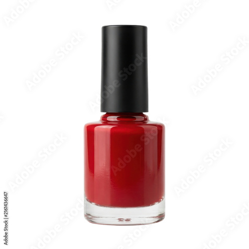 Red nail polish bottle with black cap, vibrant crimson lacquer in glass container, professional manicure beauty product isolated PNG with Transparent Background