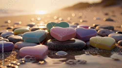 Colorful Heart-Shaped Stones Rest on a Sunlit Beach Under a Golden Sunset Light