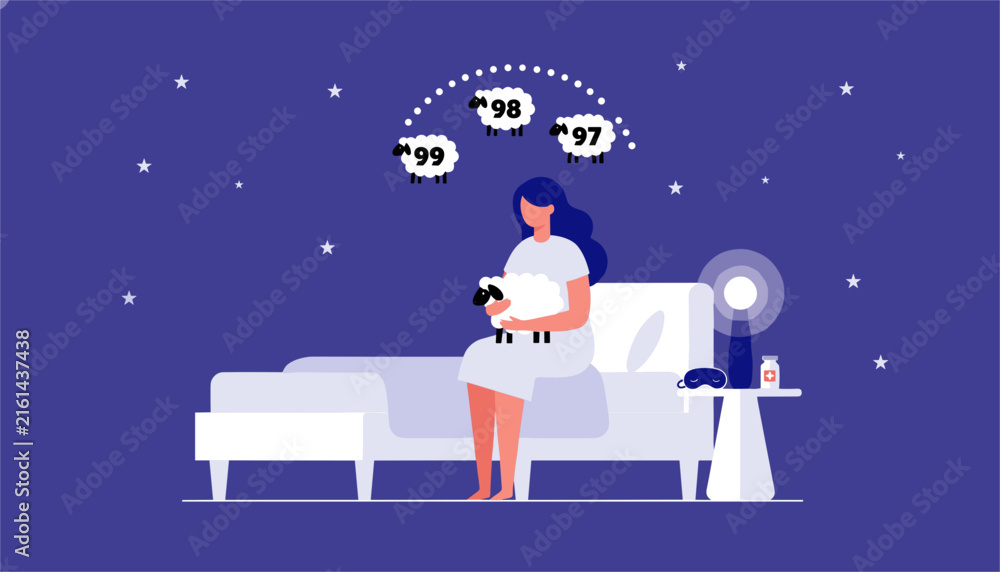 Naklejka premium Exhausted woman with insomnia sits on her bed in a starry night counting cartoon sheep to help her fall asleep.