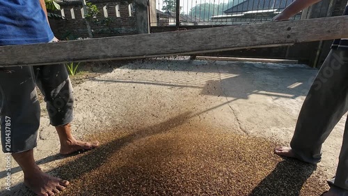 Top view of two farmers sifting organic planting media with handmade wire mesh sieve separating coarse soil and rice husks to produce fine fertile growing medium for sustainable agriculture