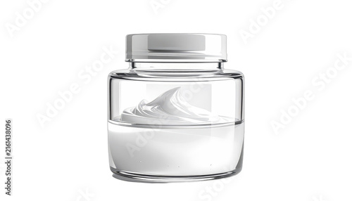 A clear glass jar filled with white cream and a white lid. isolated on white background