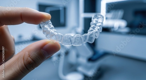 Close up of a clear dental aligner held by a persons fingers in a dental clinic.