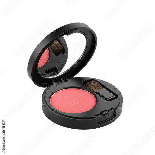 Pink blush makeup compact with mirror and brush, professional cosmetic face powder, rosy cheek color beauty product isolated PNG with Transparent Background