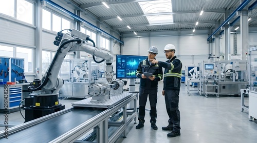 Engineers analyzing mechanical equipment on an automated robotic line inside a factory.