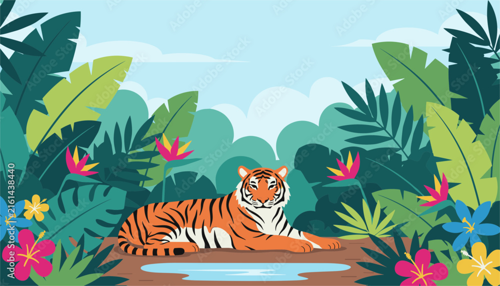 Obraz premium Majestic orange tiger lies peacefully near a small blue pond in a lush tropical jungle filled with colorful flowers.