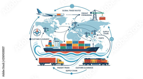 Global Logistics and Supply Chain Network with Cargo Ship, Plane, Truck