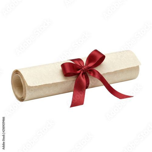 Vintage parchment paper scroll with red satin ribbon bow, elegant diploma certificate, antique rolled document paper isolated PNG with Transparent Background
