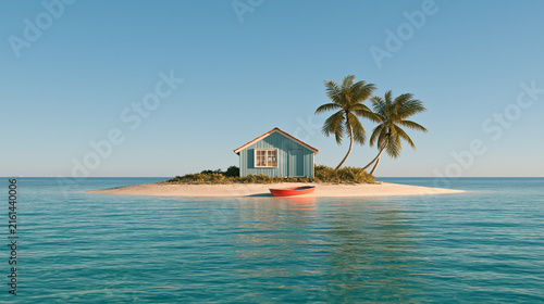 Isolated Paradise: A solitary blue house with a red boat rests on a tropical island fringed with palm trees, surrounded by the vast, tranquil blue ocean under a clear sky.
