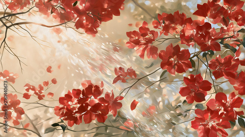 Red Blossoms in Soft Sunlight: Delicate red blossoms adorn tree branches, bathed in the gentle, ethereal glow of soft sunlight, creating a serene and tranquil atmosphere.