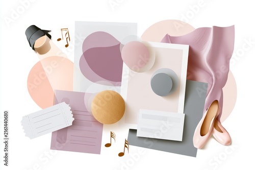 Performing arts season marketing collage flat artwork with ballet shoes tickets and music notes for poster and social media design