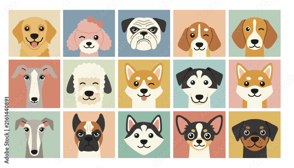 Obraz premium Colorful vector grid pattern featuring fifteen cute dog faces of different breeds in square boxes.