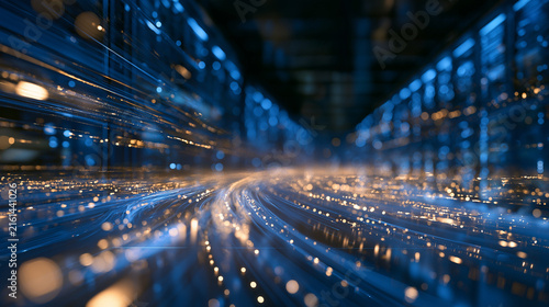 Abstract Digital Future: A futuristic, abstract scene filled with glowing blue and gold light trails, suggesting rapid data transfer and technological advancement in a digital realm.