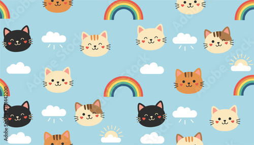 Adorable seamless pattern showing happy cat faces, rainbows, fluffy clouds, and suns on a pastel blue background.