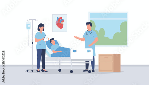 Medical team consulting with a patient in a hospital room featuring an iv drip stand and a heart anatomy poster.