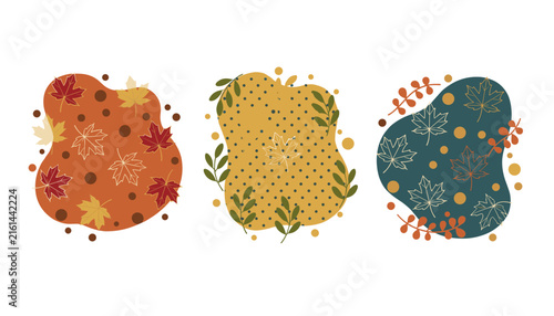 Set of three abstract autumn banners featuring maple leaves, organic shapes, and delicate foliage in warm seasonal colors.