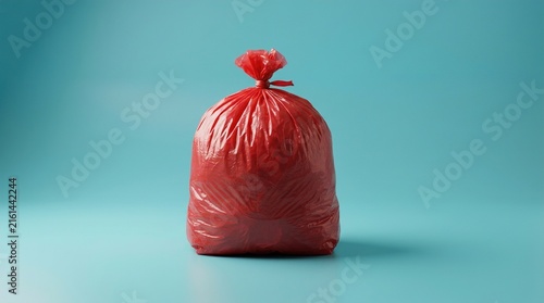 Red garbage bag full of trash symbolizing waste and pollution, isolated on a plain blue background for environmental awareness campaigns.