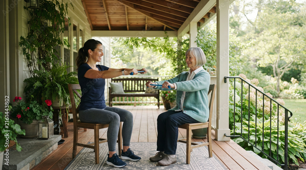 Fototapeta premium Older man and a trainer using resistance bands on a leafy wooden porch
