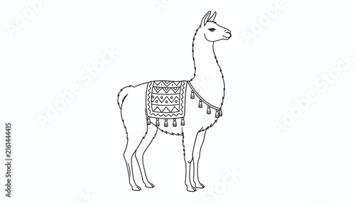 Minimalist contour outline illustration of a cute alpaca or llama wearing a traditional patterned saddle blanket.