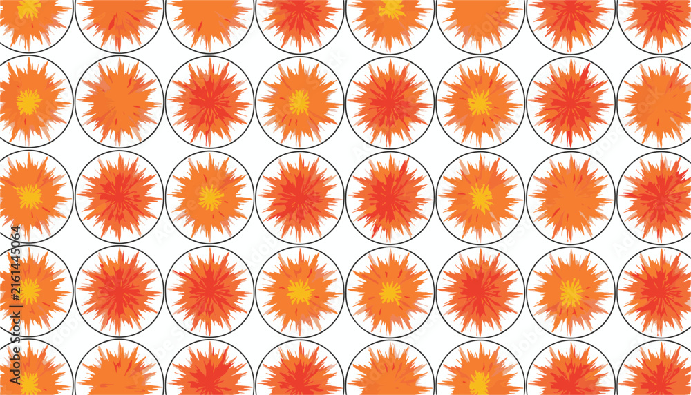 Fototapeta premium Vibrant seamless wallpaper pattern containing rows of circular frames filled with bright orange and red paint splashes.