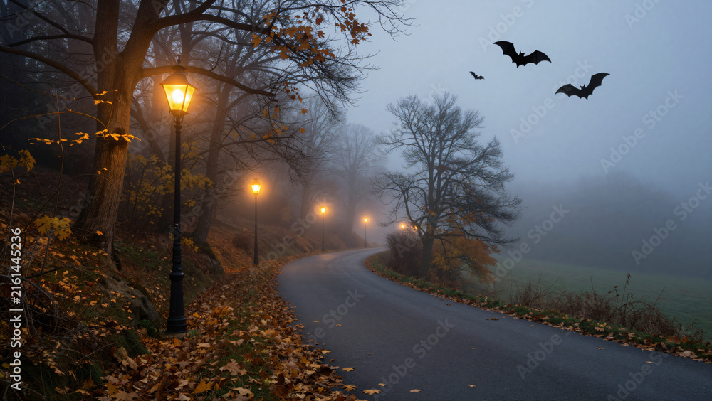 Naklejka premium Spooky Foggy Autumn Road with Lanterns at Twilight